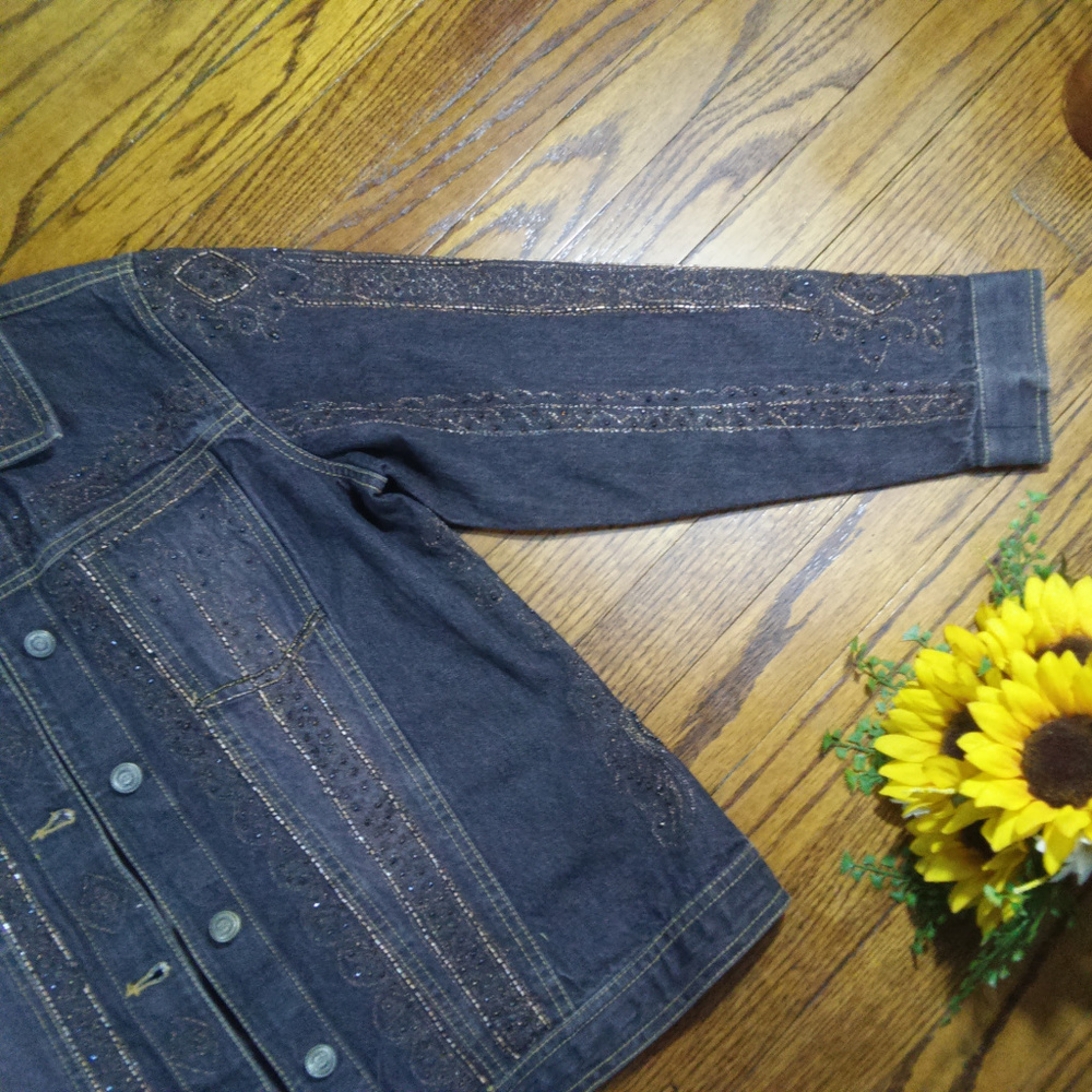 Dark Denim Jean Beaded Jacket Petite Medium